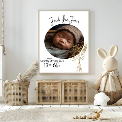 Personalised Birth Flower Birth Details Photo Print | Black Or White