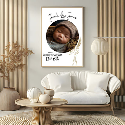 Personalised Birth Flower Birth Details Photo Print | Black Or White