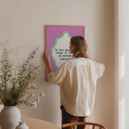 In This House We Laugh Print | Humorous Quote Wall Art | Pink & Green Design