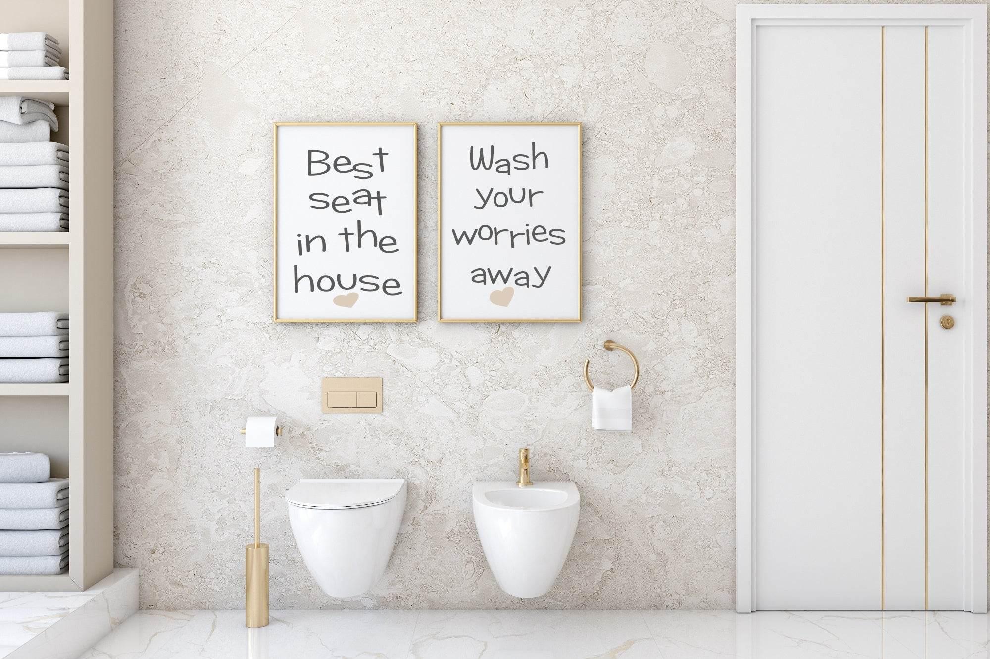 Set of 2 Bathroom Prints | Wash Your Worries Away & Best Seat In The House Wall Art - Larosier Prints
