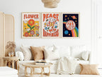 Set of 3 70's inspired Print | Flower | Peace & Happiness | Open Mind | Abstract Wall Art - Larosier Prints