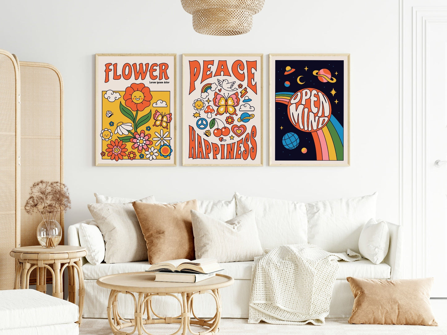 Set of 3 70's inspired Print | Flower | Peace & Happiness | Open Mind | Abstract Wall Art