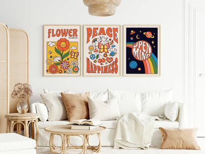 Set of 3 70's inspired Print | Flower | Peace & Happiness | Open Mind | Abstract Wall Art