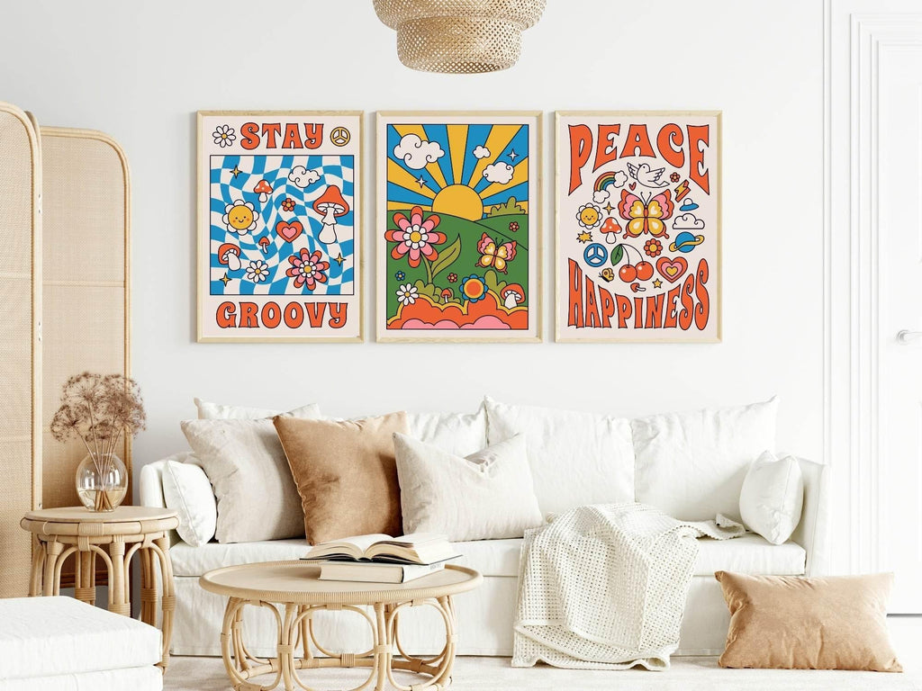 Set of 3 70s Inspired Wall Art Prints | Groovy Peace & Happiness Wall Art - Larosier Prints