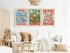 Set of 3 70s Inspired Wall Art Prints | Groovy Peace & Happiness Wall Art - Larosier Prints