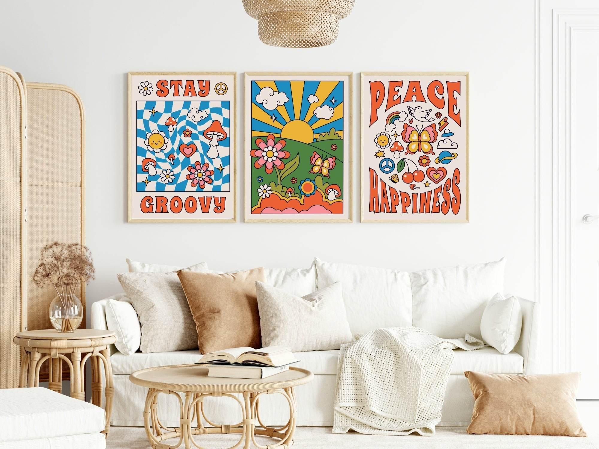 Set of 3 70s Inspired Wall Art Prints | Groovy Peace & Happiness Wall Art - Larosier Prints