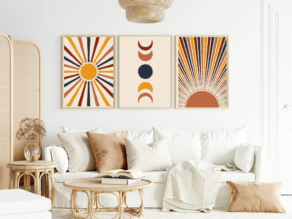 Set Of 3 Abstract Sun and Moon Prints | Celestial Wall Art - Larosier Prints