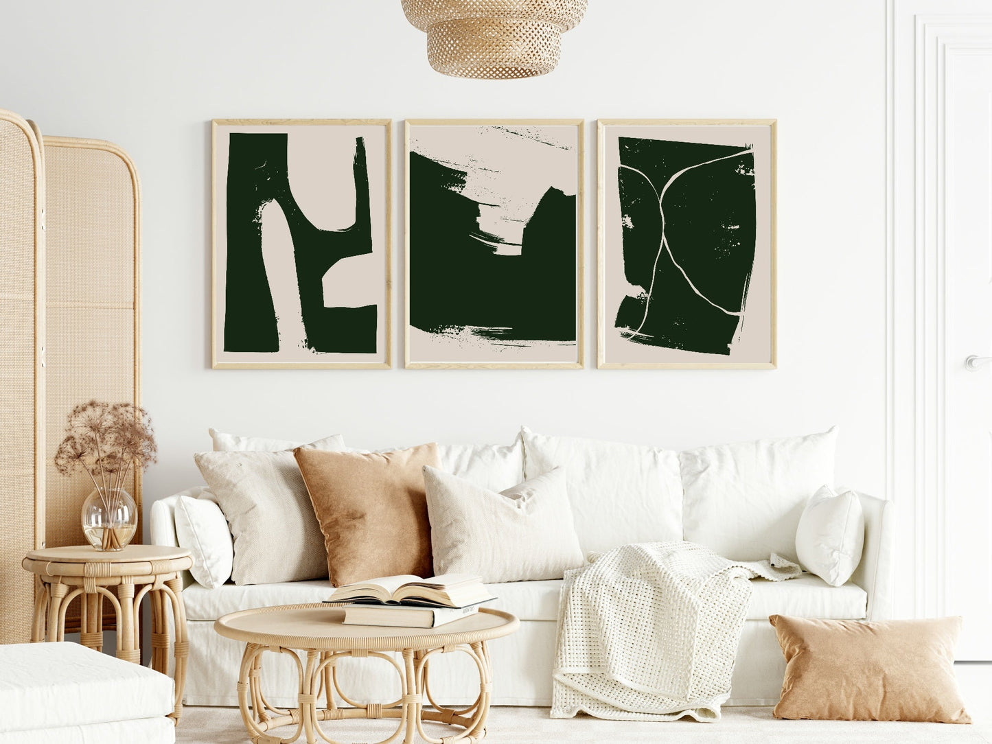 Set of 3 Beige & Green Abstract | Modern Art