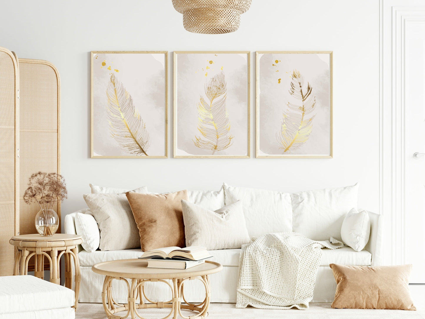 Set of 3 Gold Feather Prints | Modern Wall Art