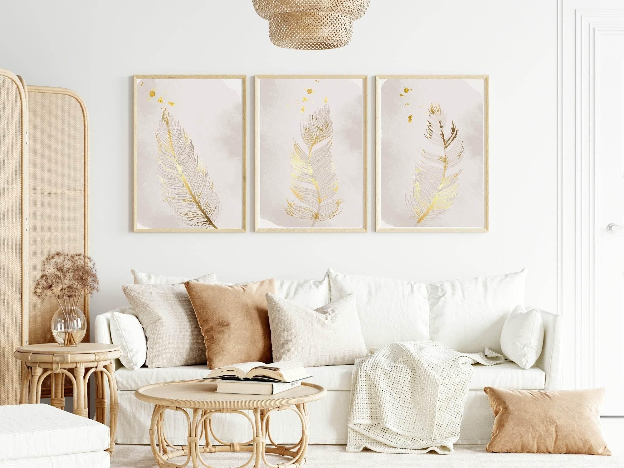 Set of 3 Gold Feather Prints | Modern Wall Art - Larosier Prints
