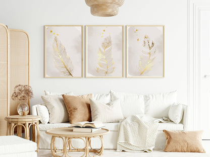 Set of 3 Gold Feather Prints | Modern Wall Art