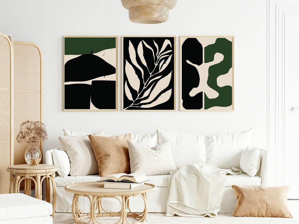 Set of 3 Green & Black Abstract | Modern Wall Art - Larosier Prints