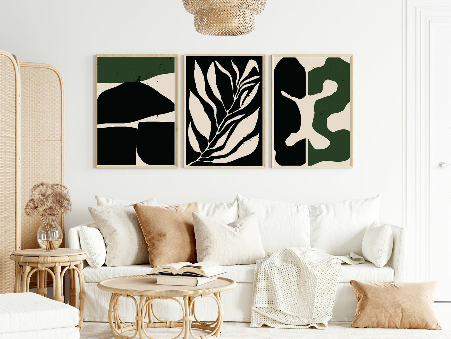 Set of 3 Green & Black Abstract | Modern Wall Art