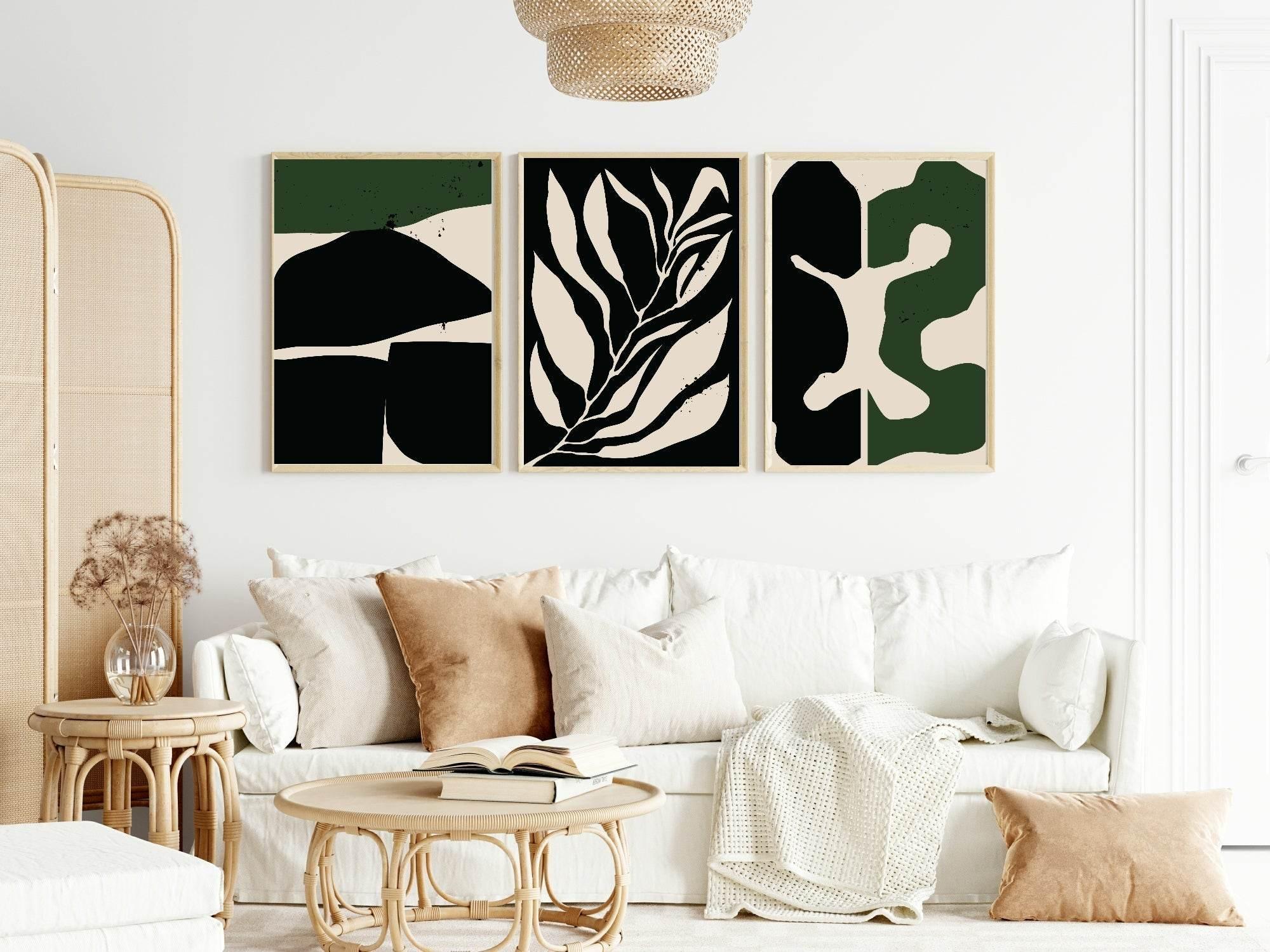Set of 3 Green & Black Abstract | Modern Wall Art - Larosier Prints