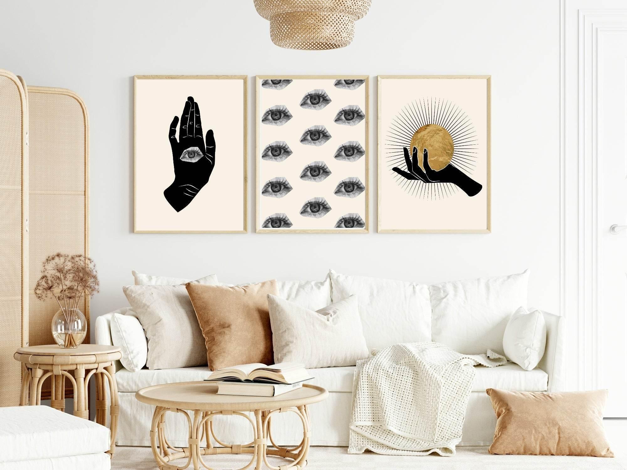Set of 3 Spiritual Hand, Eye & Moon / Sun Print | Celestial Palm - Larosier Prints