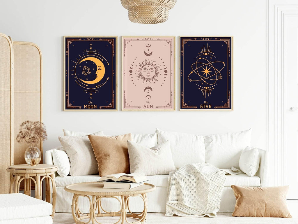 Set Of 3 Tarot Card Moon, Sun & Star | Celestial Wall Art - Larosier Prints
