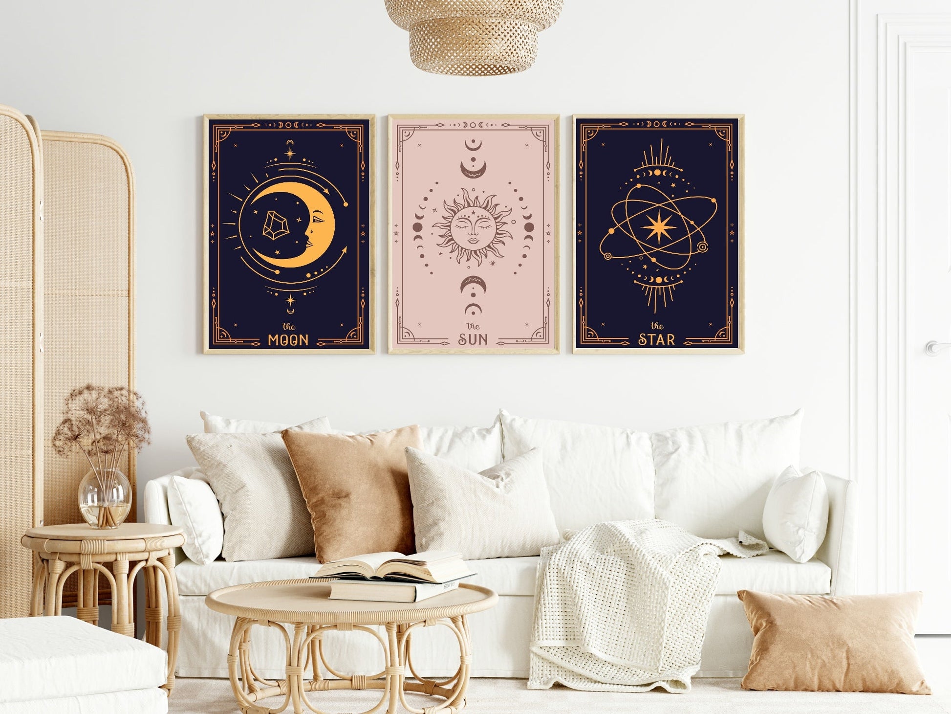 Set Of 3 Tarot Card Moon, Sun & Star | Celestial Wall Art