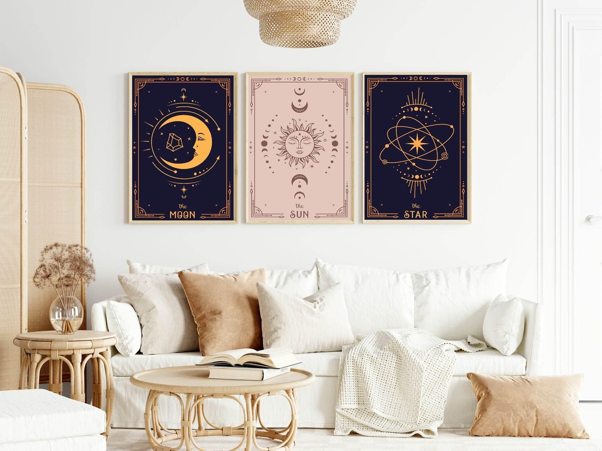 Set Of 3 Tarot Card Moon, Sun & Star | Celestial Wall Art - Larosier Prints