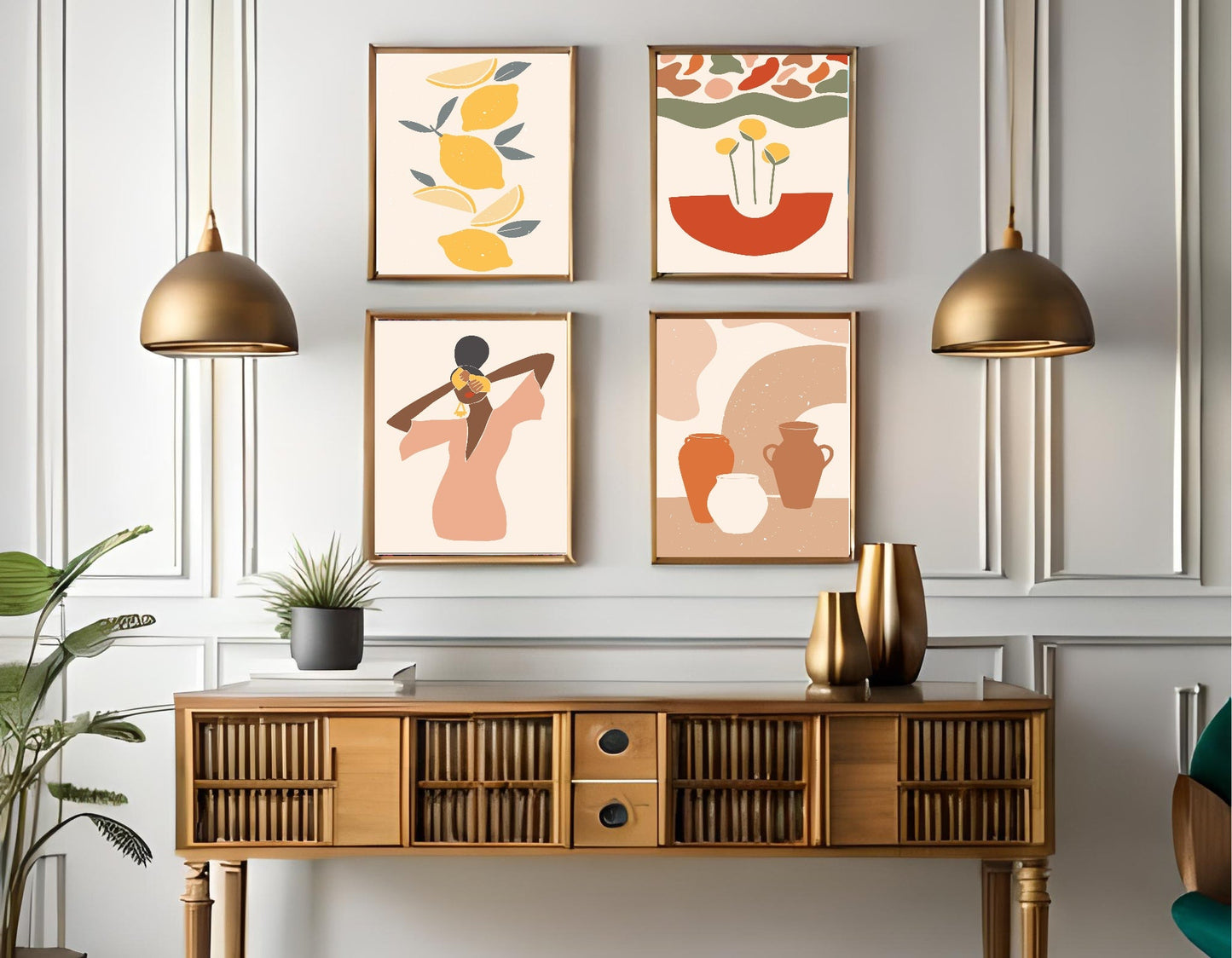 Set of 4 African Inspired Prints | Abstract Lemons Wall Art Set