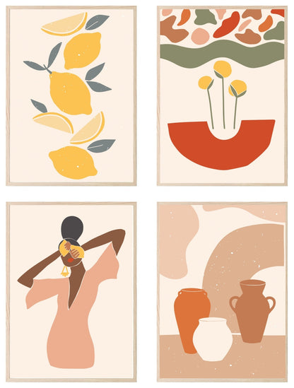 Set of 4 African Inspired Prints | Abstract Lemons Wall Art Set