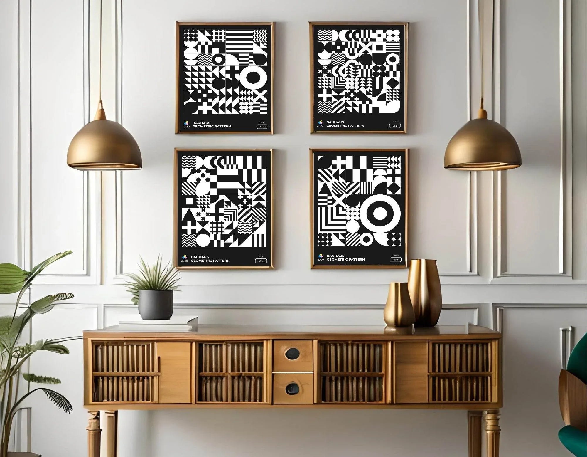 Set Of 4 Bauhaus Inspired Geo Prints | Modern Monochrome Wall Art - Larosier Prints