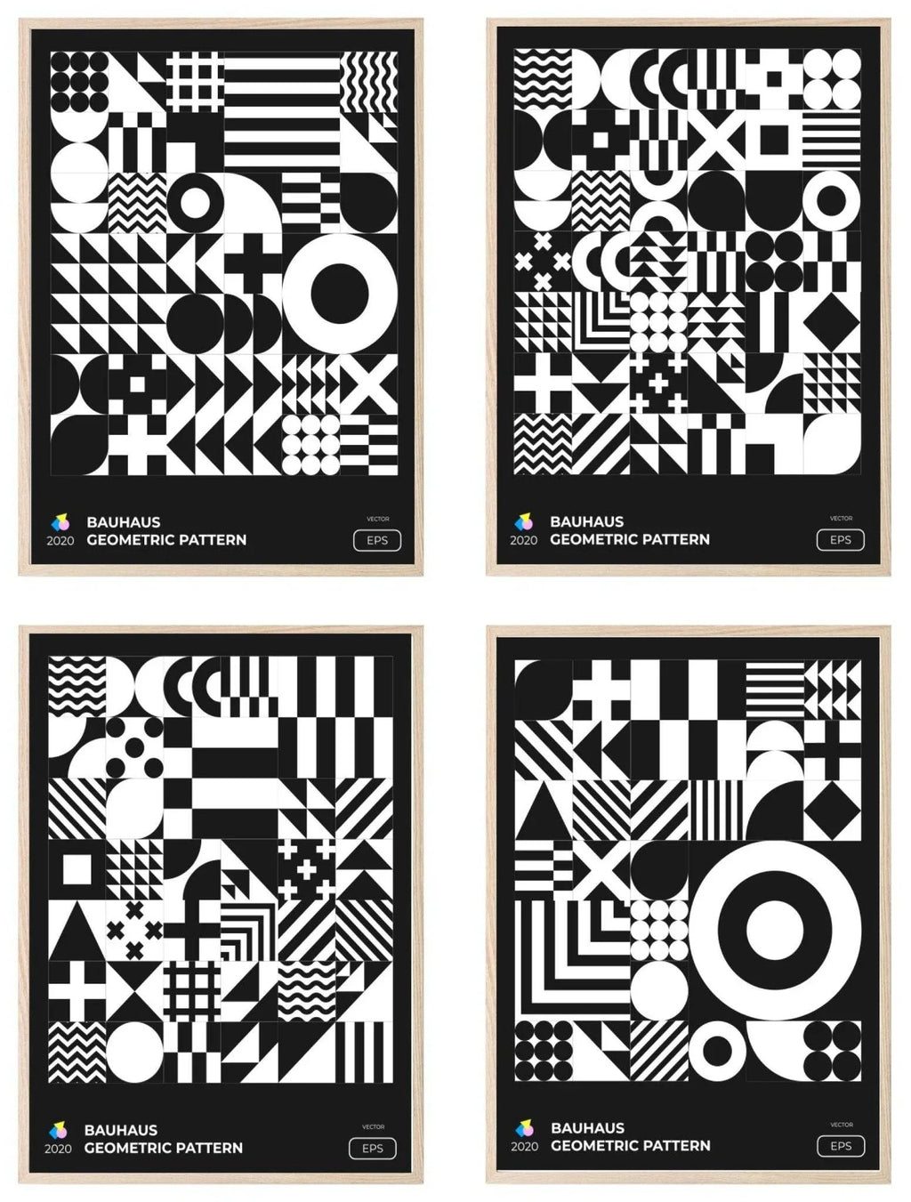 Set Of 4 Bauhaus Inspired Geo Prints | Modern Monochrome Wall Art - Larosier Prints