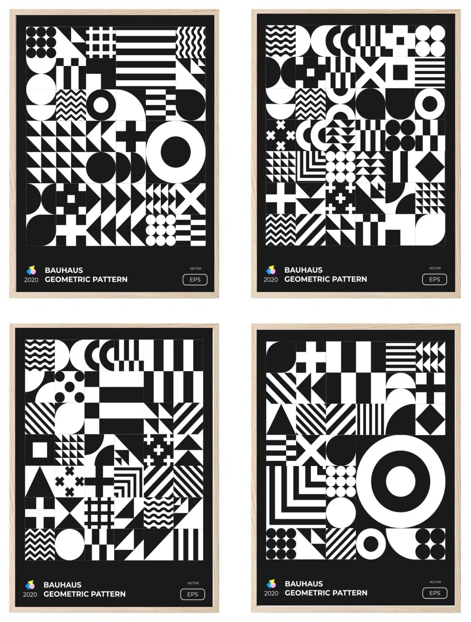 Set Of 4 Bauhaus Inspired Geo Prints | Modern Monochrome Wall Art - Larosier Prints
