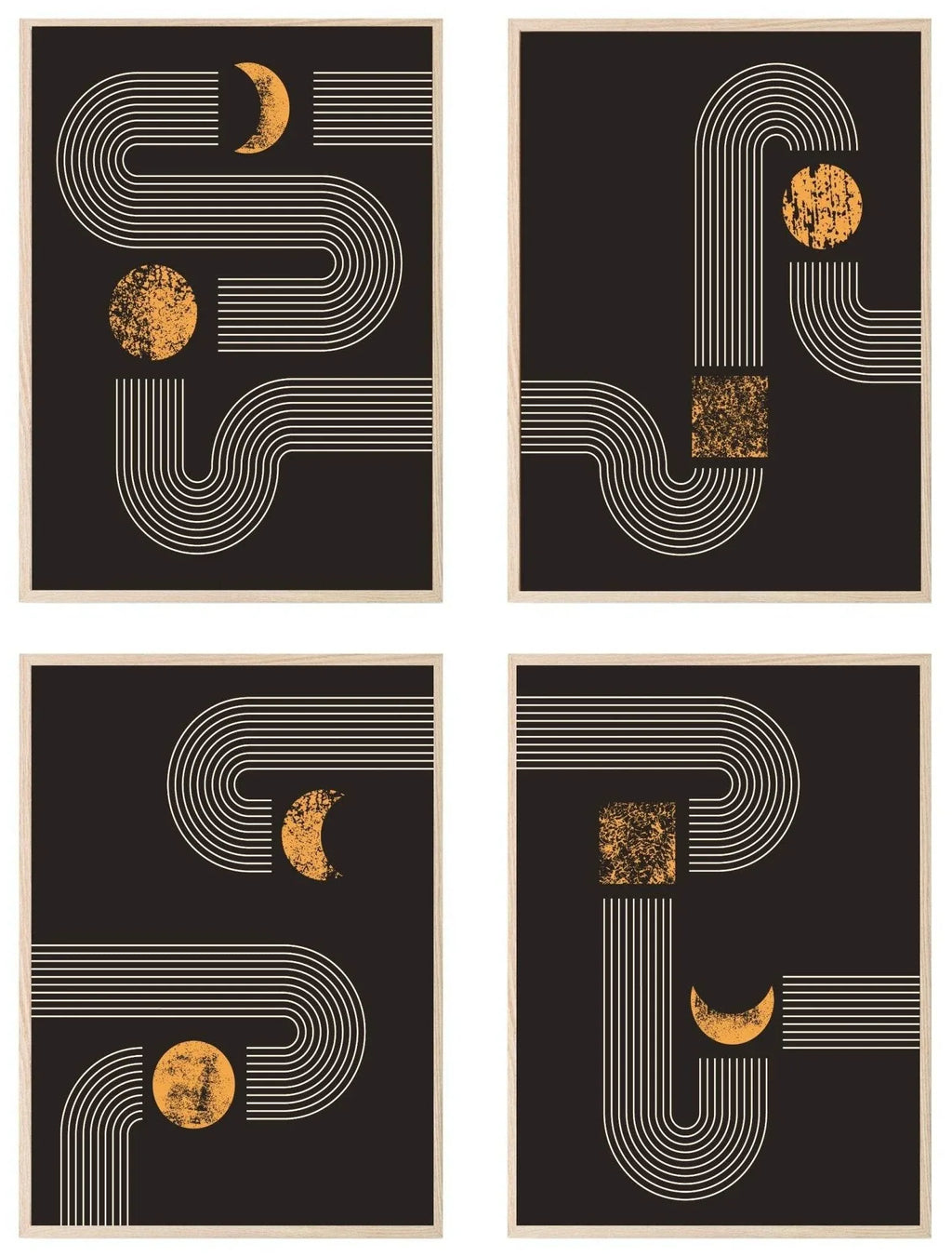 Set Of 4 Black and Matt Gold Moon Track Prints | Modern Wall Art - Larosier Prints