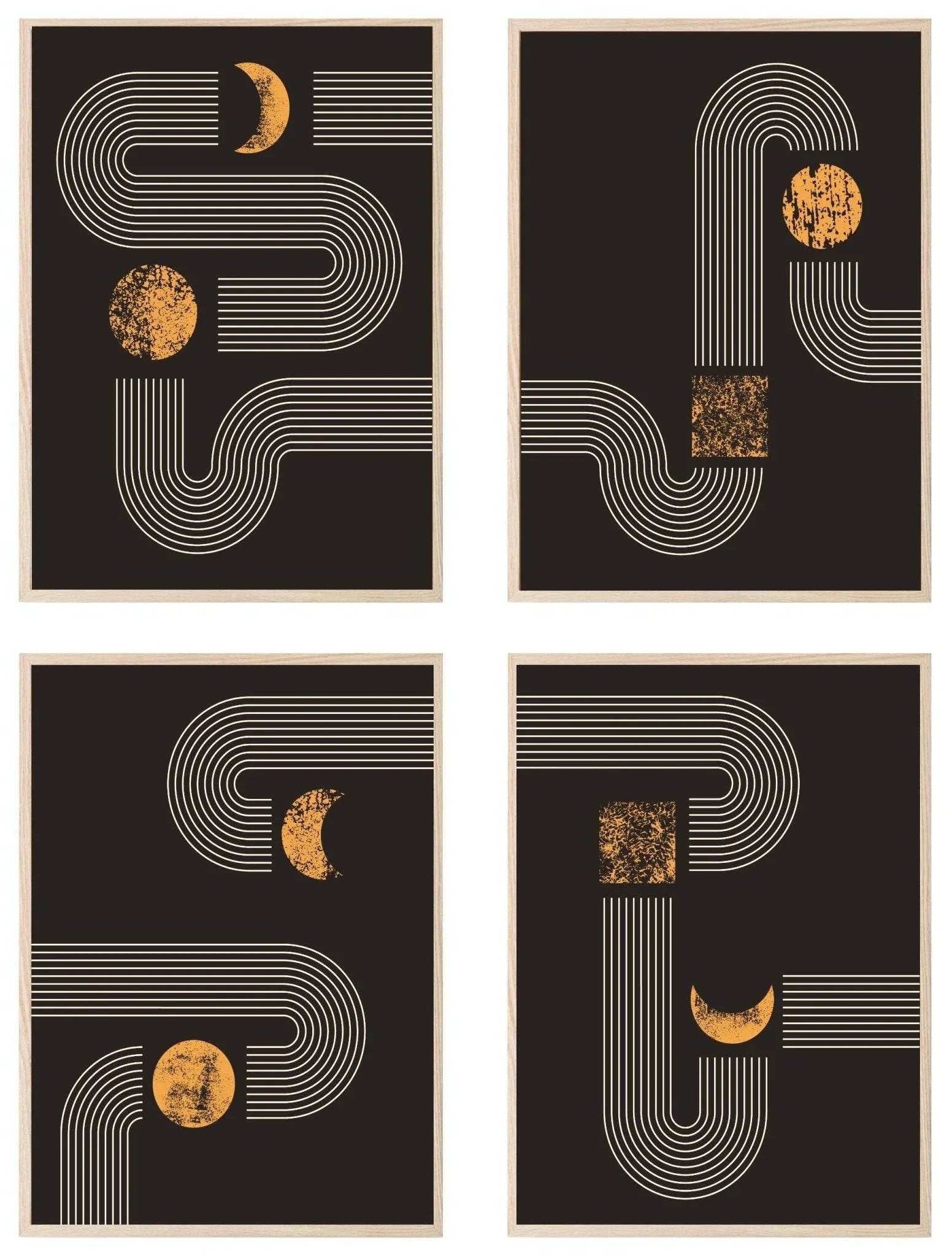 Set Of 4 Black and Matt Gold Moon Track Prints | Modern Wall Art - Larosier Prints