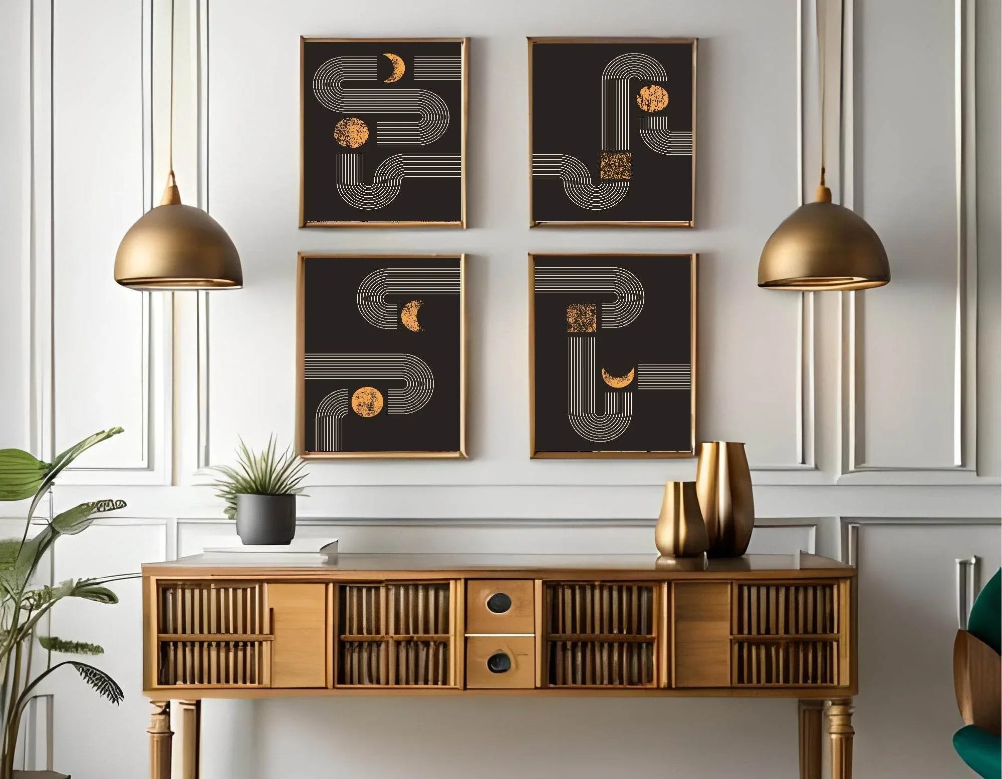 Set Of 4 Black and Matt Gold Moon Track Prints | Modern Wall Art - Larosier Prints