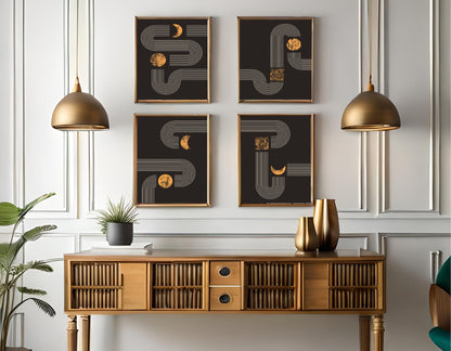 Set Of 4 Black and Matt Gold Moon Track Prints | Modern Wall Art