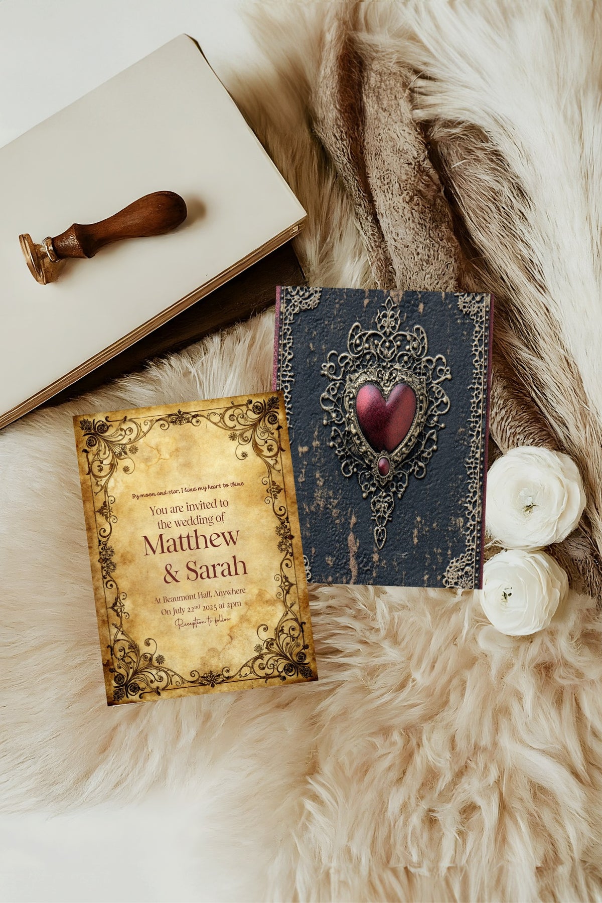 Blue Spell Book wedding invitation front and navy book reverse beside dried grasses