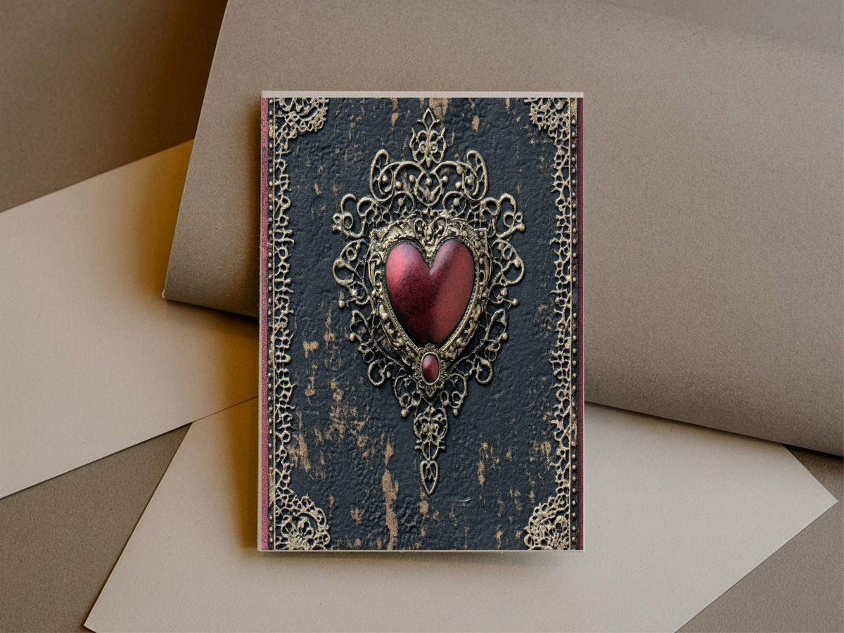 Navy Blue Spell Book invitation reverse with ornate gold-style border and red heart