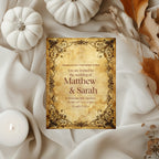 Spell Book invitation front with the quote By moon and star, I bind my heart to thine beside white pumpkins