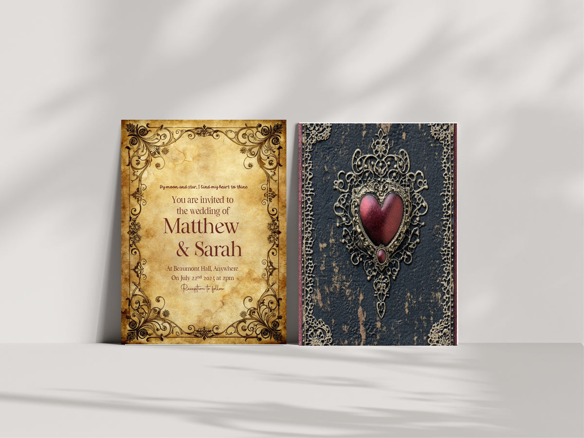 Blue Spell Book wedding invitation showing parchment front and navy book-cover reverse with a red heart