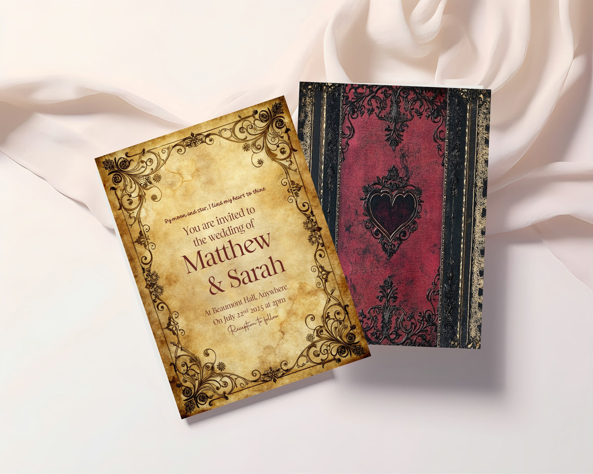 Red Spell Book wedding invitation parchment front beside red book-cover reverse on fabric