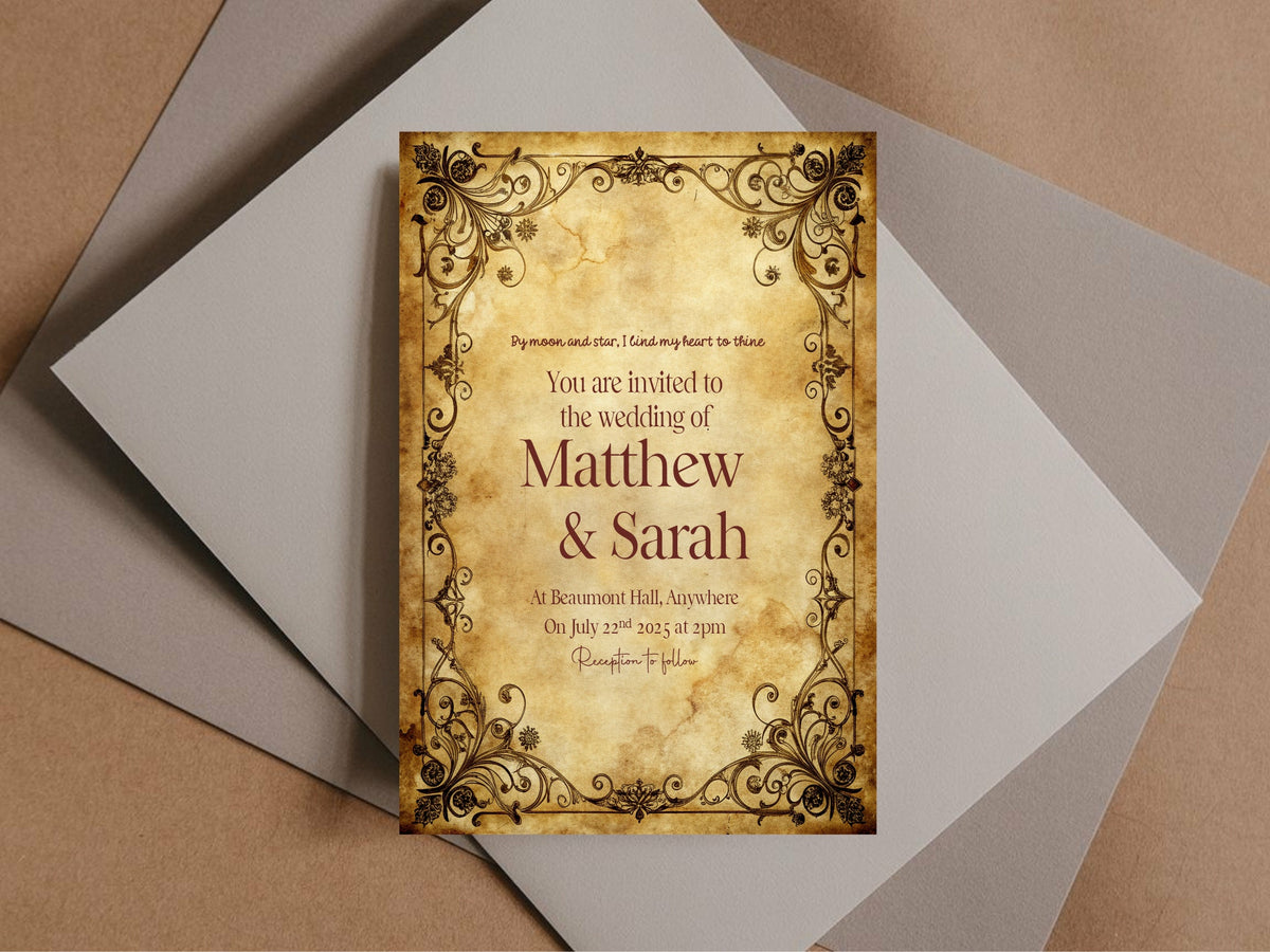 Personalised Spell Book wedding invitation parchment front on an envelope
