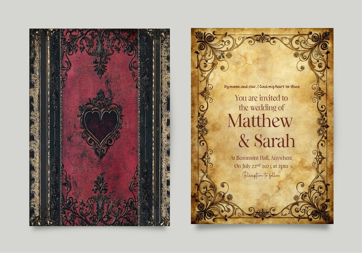 Red Spell Book wedding invitation showing parchment front and red book-cover reverse with an ornate heart motif
