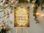 Spell Book wedding welcome sign with parchment design in a light floral setting