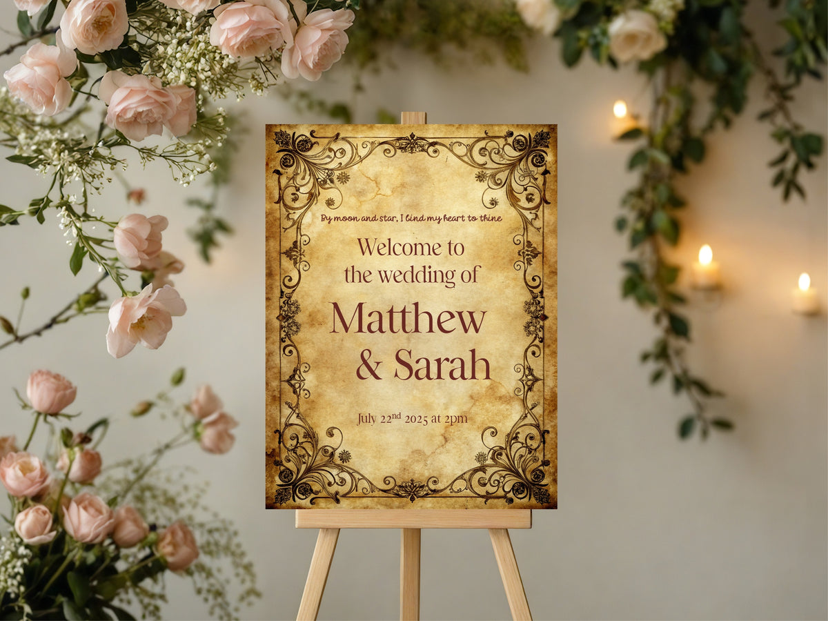 Spell Book wedding welcome sign with parchment design in a light floral setting