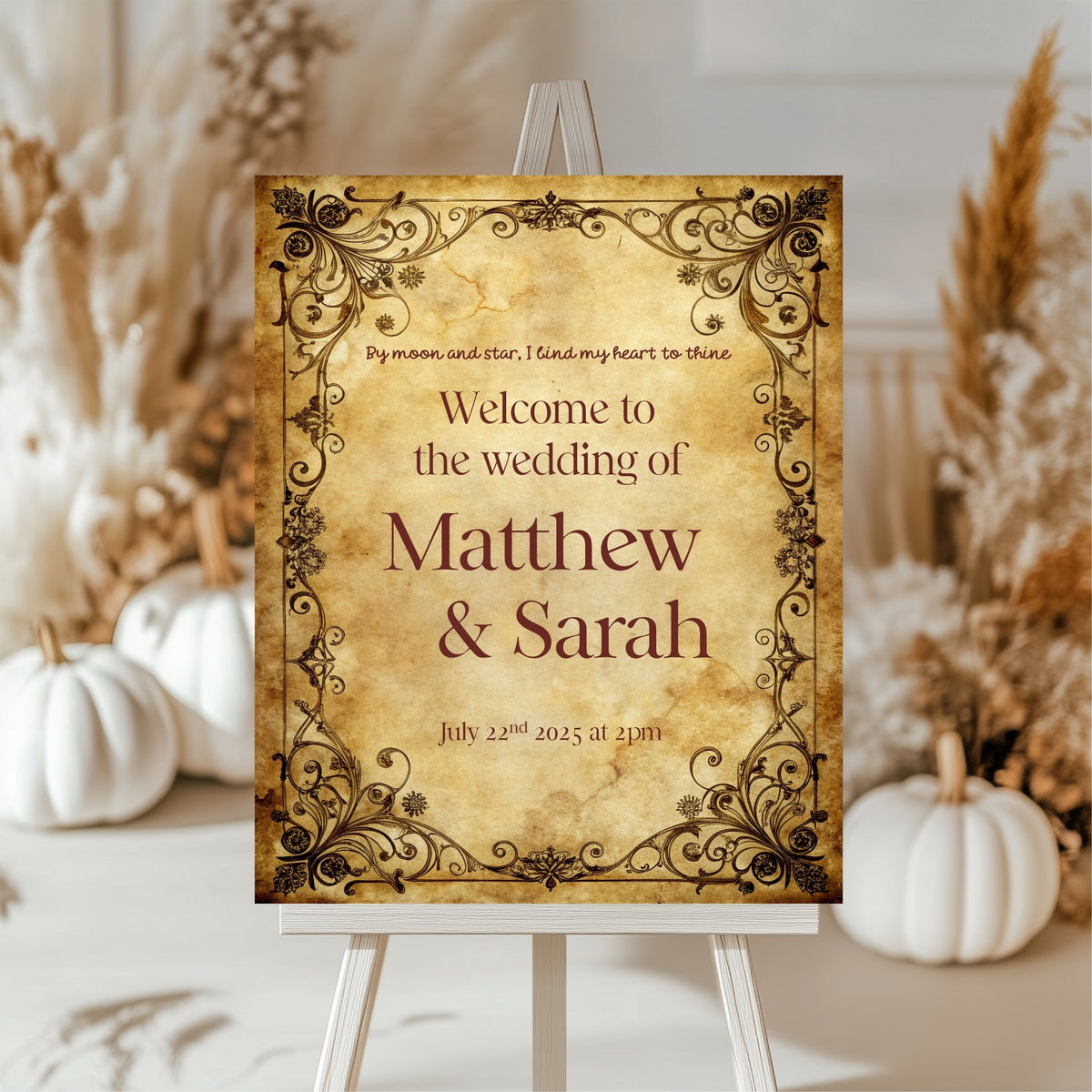 Spell Book welcome sign on an easel showing the quote By moon and star, I bind my heart to thine