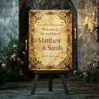 Personalised Spell Book wedding welcome sign with parchment artwork and ornate border in a dark setting
