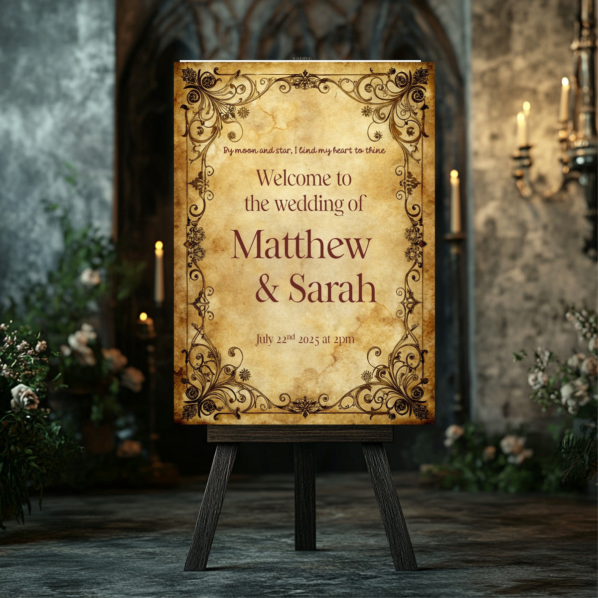 Personalised Spell Book wedding welcome sign with parchment artwork and ornate border in a dark setting