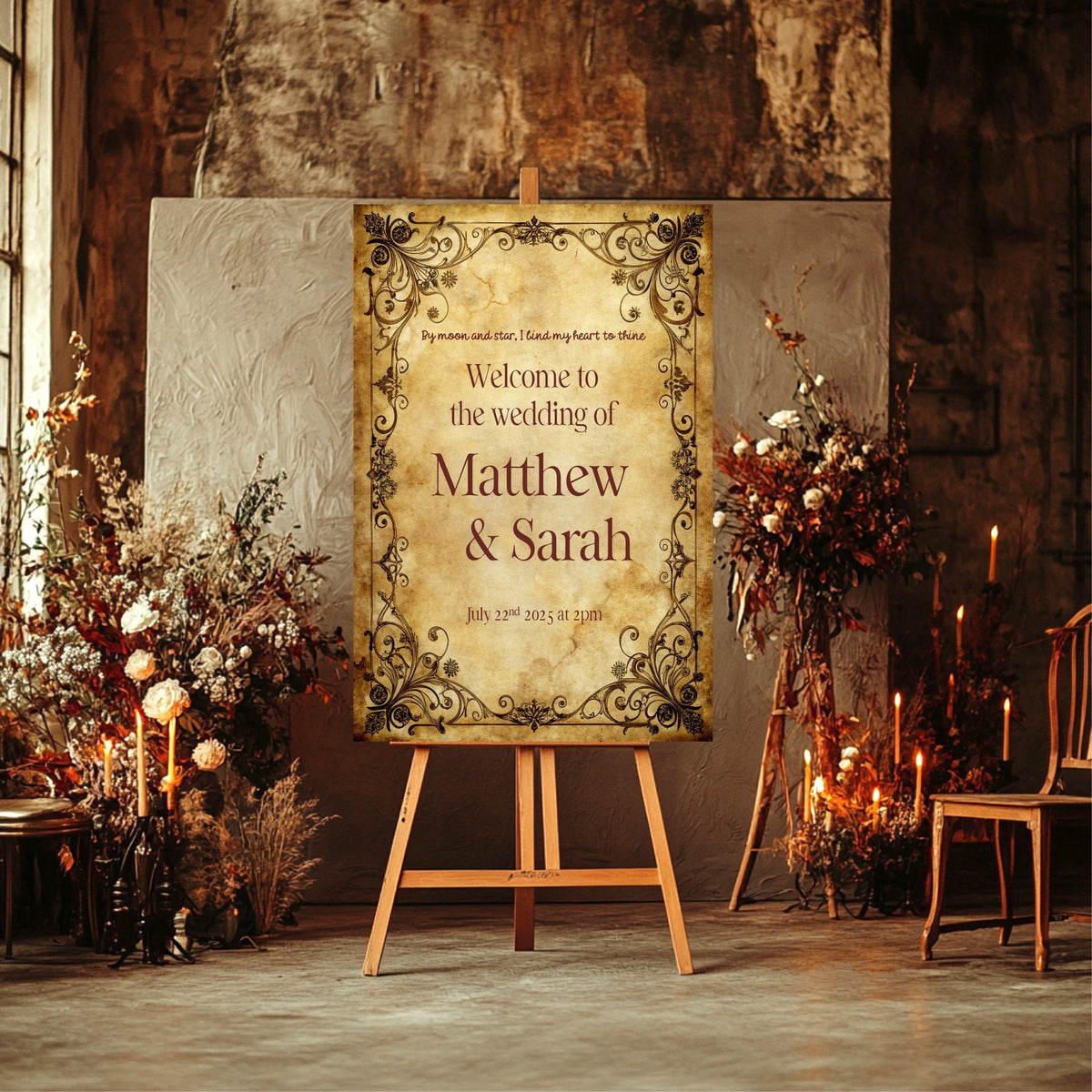 Spell Book wedding welcome sign on a wooden easel in a candlelit setting