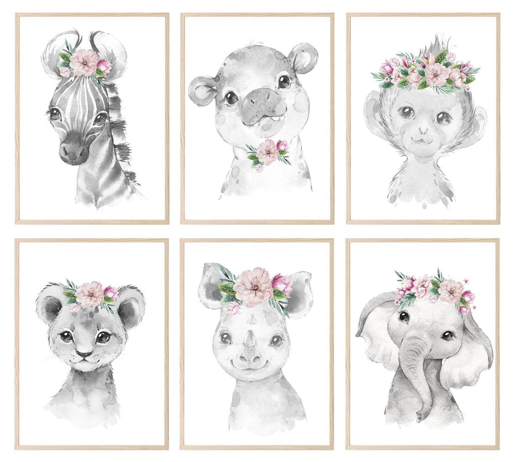 Collection Of Sweet Animals With Floral Elements Prints | Collection Of Nursery Wall Art - Larosier Prints