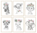 Collection Of Sweet Animals With Floral Elements Prints | Collection Of Nursery Wall Art - Larosier Prints