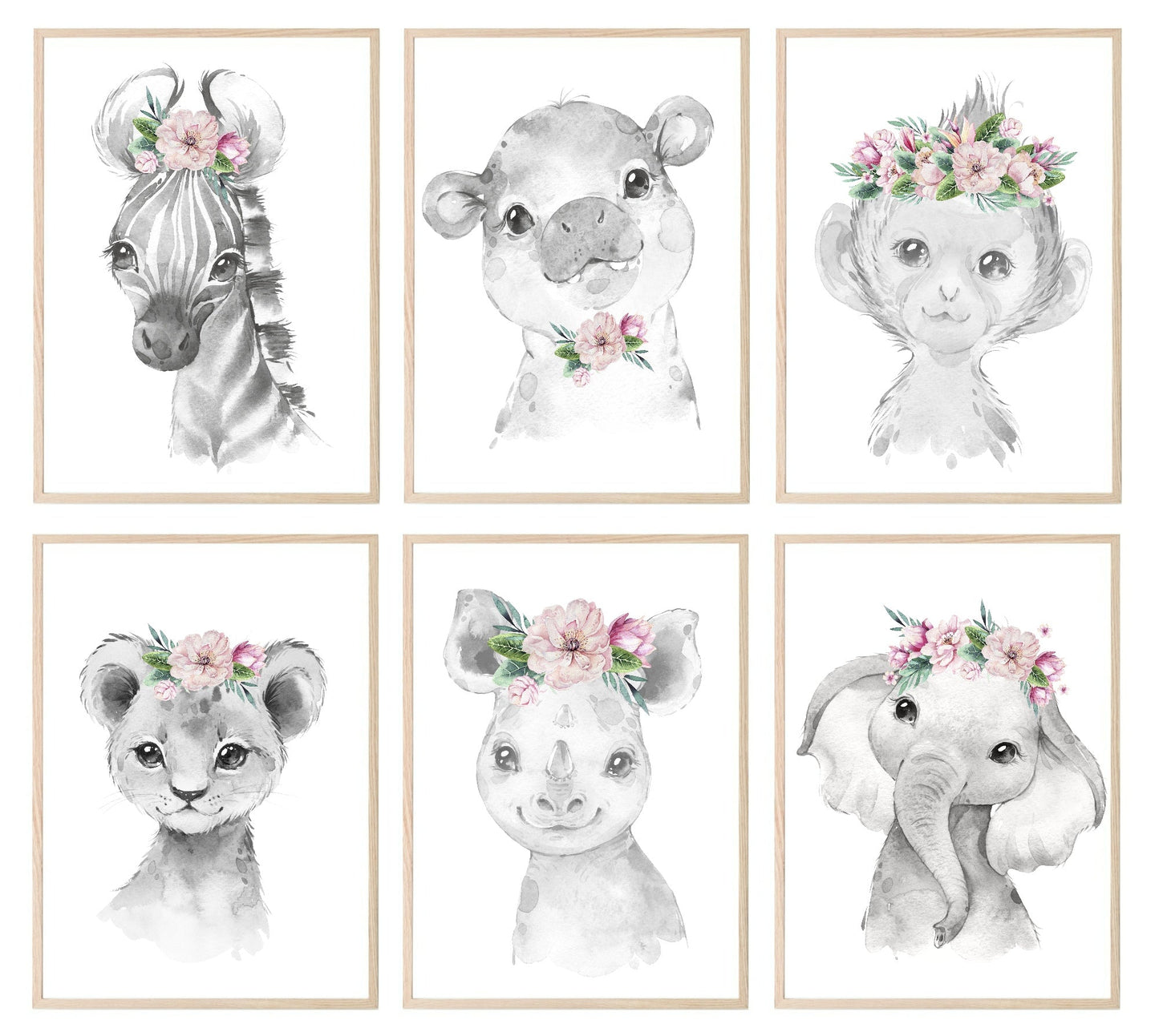 Collection Of Sweet Animals With Floral Elements Prints | Collection Of Nursery Wall Art