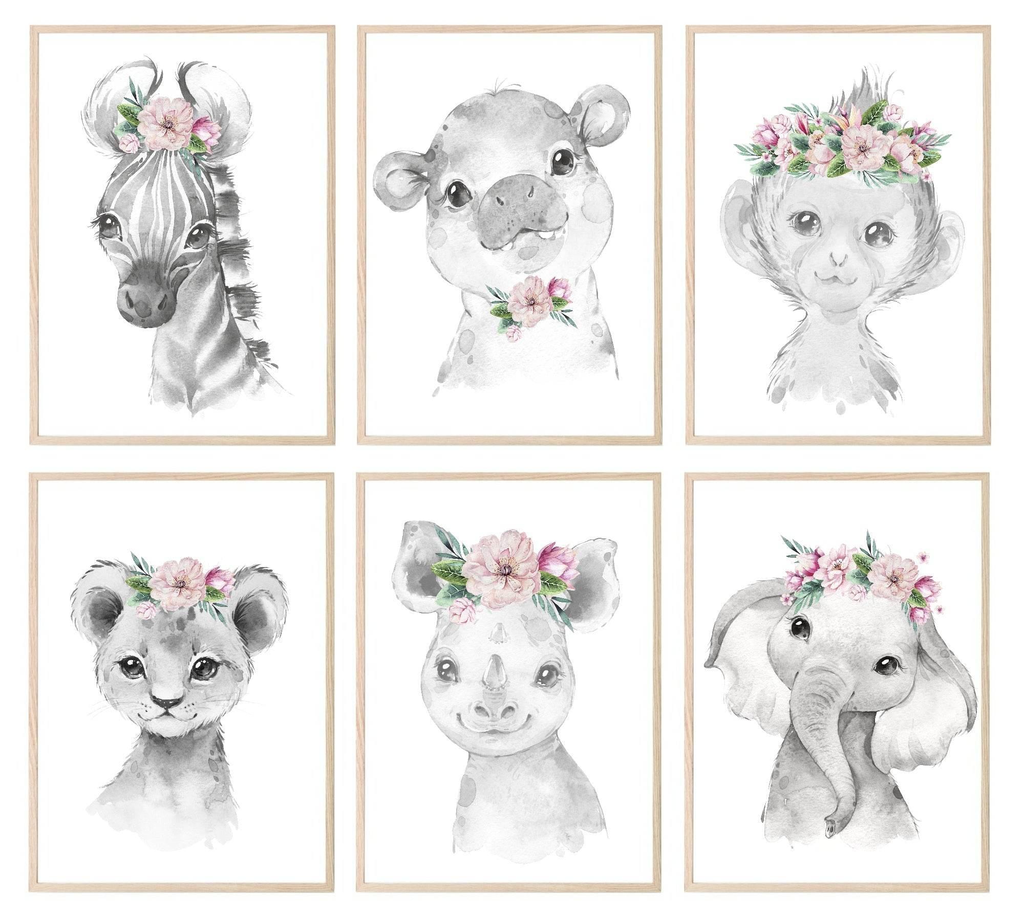Collection Of Sweet Animals With Floral Elements Prints | Collection Of Nursery Wall Art - Larosier Prints