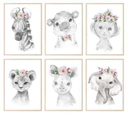 Collection Of Sweet Animals With Floral Elements Prints | Collection Of Nursery Wall Art