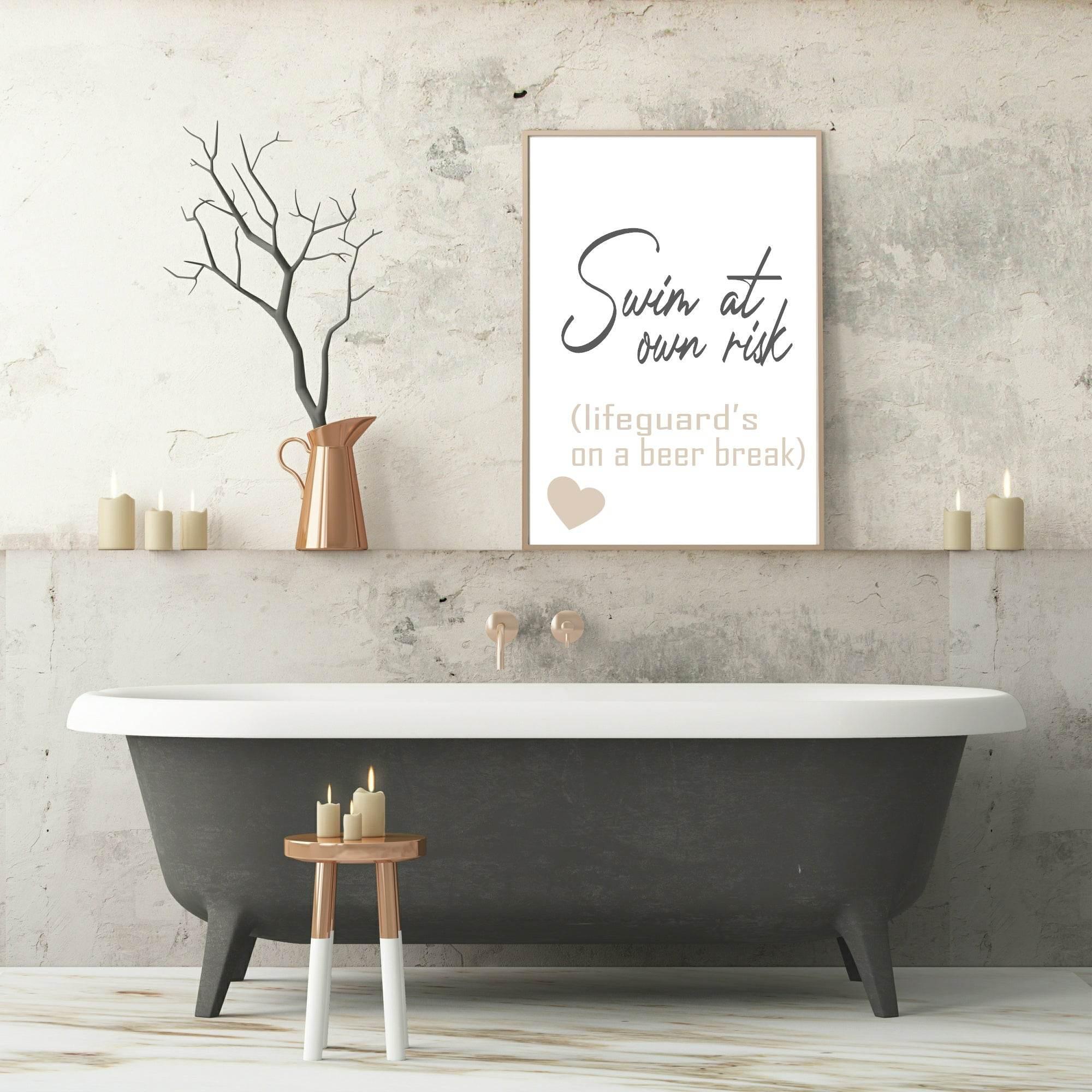 Swim At Own Risk Print | Bathroom & Outdoor Wall Art | Beige - Larosier Prints